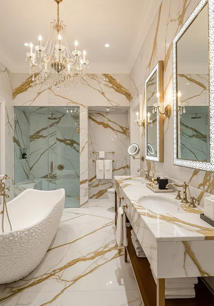 An opulent and luxurious restroom enveloped in floor-to-ceiling Calacatta gold marble. A grand, freestanding sculptural bathtub is the stunning centerpiece. A long double vanity features polished brass fixtures and ornate, backlit mirrors. A crystal chandelier hangs from the high ceiling, casting a warm, sparkling light across the polished surfaces. A spacious steam shower is enclosed in seamless glass. The entire magnificent scene is captured using a wide-angle lens to convey a sense of ultimate opulence and grandeur, hyper-realistic, 8K.