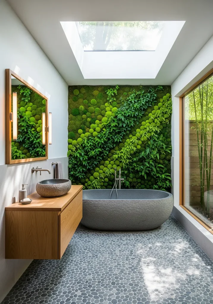A serene, biophilic restroom design that seamlessly blends indoors and outdoors. A lush, living wall of moss and ferns serves as a vibrant backdrop for a natural stone freestanding tub. A floating vanity made of light oak features a river rock vessel sink. The floor is covered in smooth, flat pebbles, and a large skylight floods the space with natural light. A floor-to-ceiling window reveals a private bamboo garden. A wide-angle photograph capturing the harmonious integration of natural elements for a spa-like retreat.