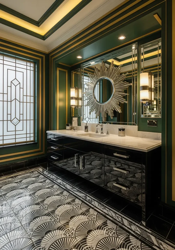 A glamorous Art Deco-inspired restroom with bold geometric patterns and luxurious materials. The floor features a striking black and white fan-patterned tile. Walls are painted a deep emerald green, accented with gold trim. A sleek, lacquered vanity is paired with a sunburst mirror and polished chrome sconces. The fixtures are angular and highly polished. A stepped ceiling detail adds architectural interest. This dramatic and symmetrical design is presented in a crisp, wide-angle shot to highlight its sophisticated and timeless elegance.