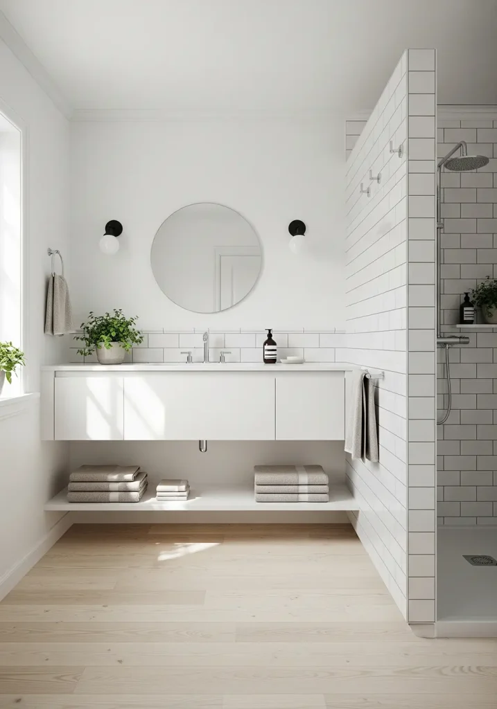 A bright and airy Scandinavian restroom focused on simplicity, functionality, and natural light. Light wood floors and a floating white vanity create a clean, uncluttered look. A simple round mirror hangs above the sink, flanked by minimalist black wall sconces. White subway tiles with a light gray grout line the walls of the walk-in shower. A few potted plants and neatly folded neutral-toned towels add a touch of warmth. The entire peaceful space is captured in a beautifully lit, wide-angle photograph.