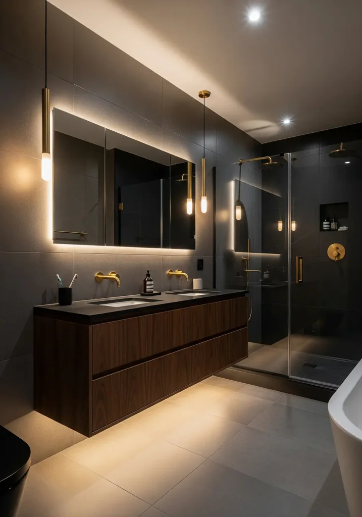 A dramatic and sophisticated restroom featuring a dark, moody color palette. Walls are covered in large-format charcoal gray tiles, creating an intimate, enveloping feel. A floating vanity in a dark walnut wood grain is illuminated by warm, indirect LED lighting from underneath. Brass fixtures and a pair of minimalist brass pendant lights provide a striking contrast. A spacious, glass-enclosed shower features a black slate tile interior. A wide-angle shot emphasizes the depth and luxurious, cavernous ambiance of the design.