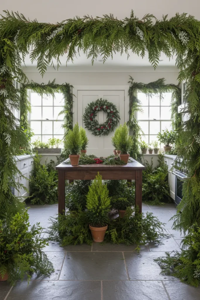 A kitchen transformed into a winter wonderland of fresh greenery, seen in a lush wide-angle view. Every available surface is adorned with plants. Thick, fragrant garlands of pine, cedar, and fir drape over cabinets, windows, and doorways. A large wreath with eucalyptus and berries hangs on the pantry door. The kitchen island features several potted miniature cypress trees. The air seems fresh and woodsy. The lighting is soft and natural, highlighting the rich textures and deep greens, making the space feel like a festive indoor forest.