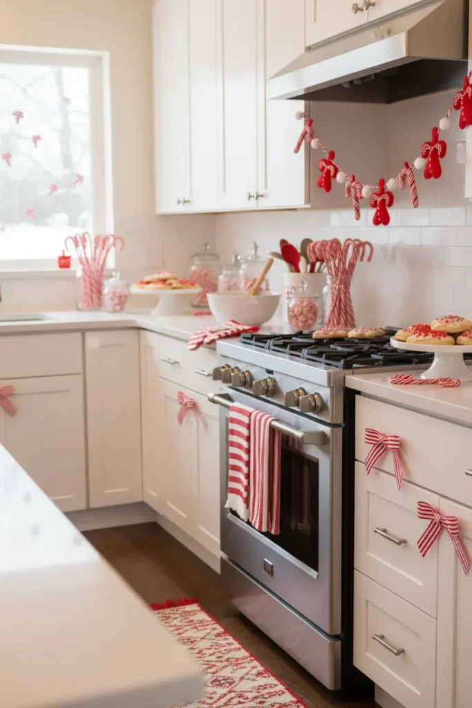 A fun and festive kitchen with a cheerful candy cane theme, captured in a playful wide-angle shot. The dominant colors are vibrant red and crisp white. Red and white striped ribbons are tied into bows on the cabinet handles. Jars on the counter are filled to the brim with peppermint sticks and round mints. A whimsical garland made of felt candy canes hangs above the stove. Even the dish towels and oven mitts feature the iconic striped pattern. The atmosphere is incredibly cheerful, sweet, and perfect for a family-friendly holiday.