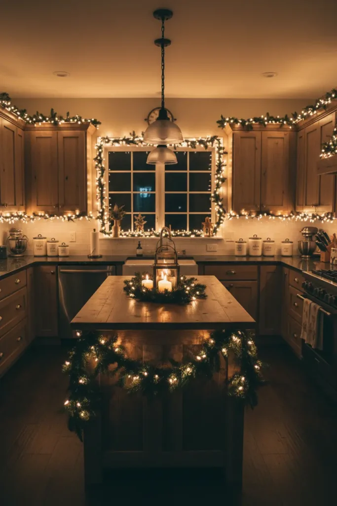 A magical kitchen scene set in the evening, illuminated only by decorative lights, captured with a wide-angle lens. Hundreds of warm white fairy lights are draped across the tops of the cabinets, woven into garlands on the island, and wrapped around the window frame. The primary light source creates a soft, enchanting glow and a cozy, intimate atmosphere. Candles in hurricane lanterns on the countertop add to the warm ambiance. The scene is dreamy, romantic, and highlights the magical quality of Christmas lights after dark.