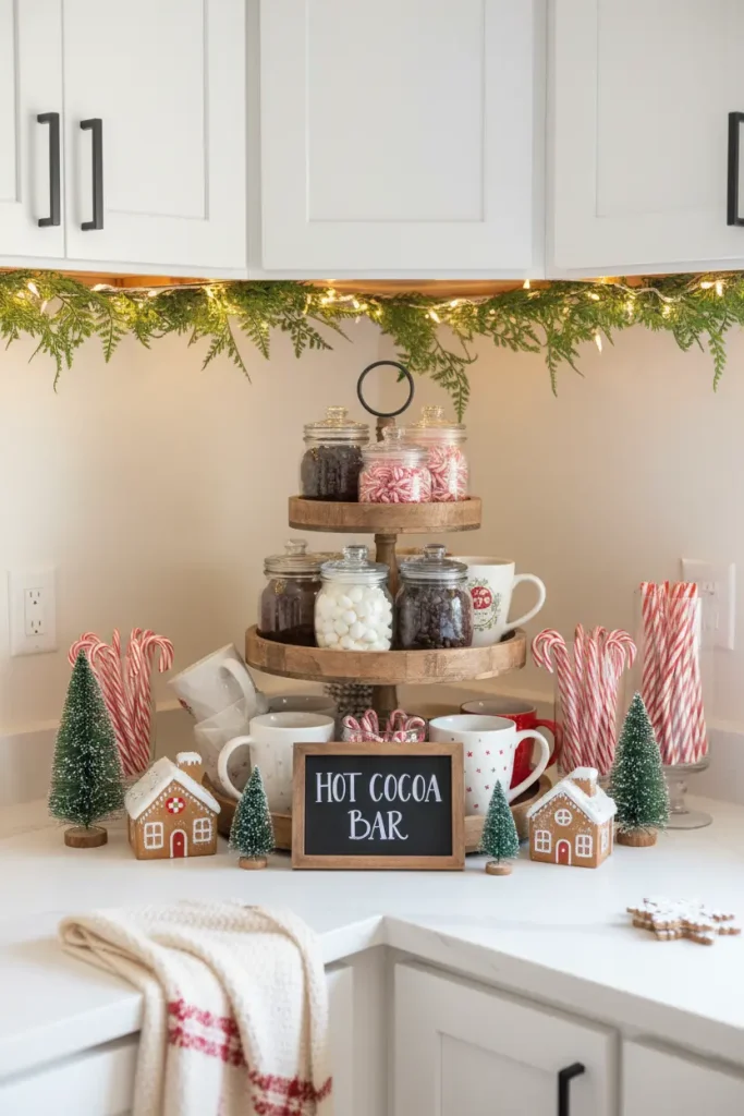 A wide-angle view focusing on a dedicated hot cocoa bar set up in a corner of the kitchen. A tiered tray is styled with various mugs, jars of cocoa mix, marshmallows, chocolate chips, and peppermint sticks. A small chalkboard sign with festive lettering reads "Hot Cocoa Bar." Miniature gingerbread houses and bottle brush trees add to the charming vignette. A garland with warm lights frames the station from above. The setup is inviting, promising a warm and delicious treat on a cold winter day.