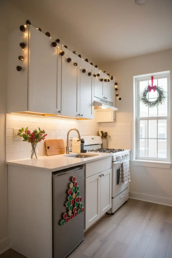 A cleverly decorated small apartment kitchen, shown in a wide-angle shot to maximize the sense of space. The decor is smart and space-saving. A slim garland is hung with command hooks above the cabinets. A small wreath adorns the single window. Magnetic spice tins on the fridge are arranged in the shape of a Christmas tree. A vase with a few festive holly branches sits on the limited counter space, adding a pop of color without creating clutter. The image showcases how to bring big holiday spirit to a compact kitchen.
