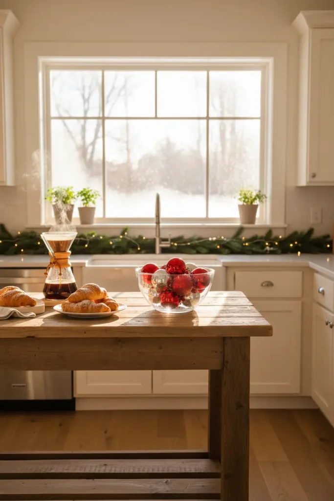 A bright and cheerful kitchen bathed in the crisp light of a winter morning, photographed with a wide-angle lens. Sunlight streams through a large window, making the simple decorations sparkle. A glass bowl of shiny red and silver ornaments on the island catches the light beautifully. A simple, fresh garland lies across the windowsill. A pot of coffee is brewing, and a plate of freshly baked croissants sits on the counter. The atmosphere is fresh, optimistic, and captures the simple joy of a quiet Christmas morning.