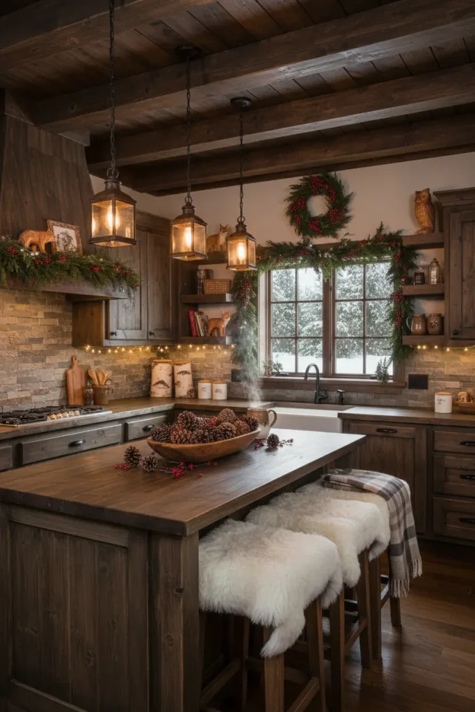 A rustic kitchen designed to feel like a woodland cabin, captured in a cozy wide-angle shot. The space features dark wood cabinets and a stone backsplash. Decorations are natural and woodsy, including garlands of pine and juniper, bowls of pinecones, and accents of birch bark. Faux fur seat covers are draped over the island stools. A collection of rustic, carved wooden animal figures are placed on a shelf. The lighting is warm and low, creating a snug and secluded retreat-like feel, perfect for a snowy Christmas.