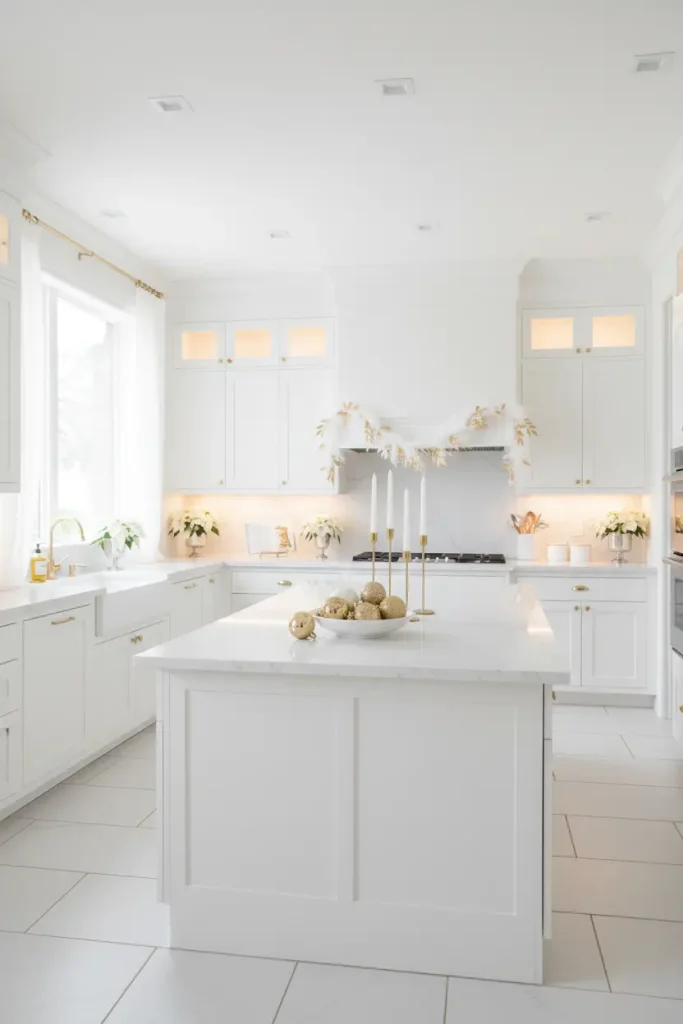 A stunning, all-white kitchen transformed into a glamorous holiday space, seen in a wide-angle perspective. The decorations are exclusively in shimmering gold and soft white. A delicate garland of white feathers and gold leaves is draped across the range hood. The white marble island features tall, elegant gold candle holders and a bowl of sparkling gold ornaments. White poinsettias with gold-dusted leaves are placed on the countertop. The look is sophisticated, luxurious, and brilliantly luminous, exuding a chic and celebratory holiday atmosphere.