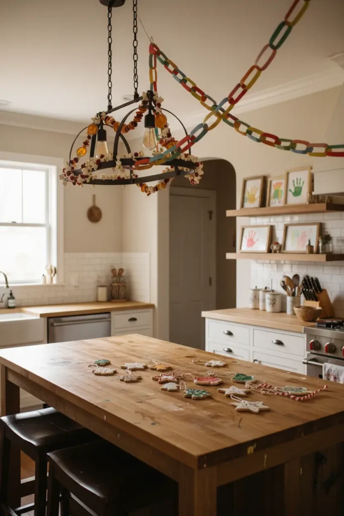 A kitchen filled with personal, handmade decorations, photographed in a heartwarming wide-angle view. A colorful paper chain garland is strung across the entryway. Dried orange slices and popcorn garlands hang from the light fixture over the island. Children's handprint art, framed as festive keepsakes, is displayed on a shelf. On the counter sits a collection of charmingly imperfect salt dough ornaments waiting to be hung. The scene is full of character, love, and the unique charm that only DIY decorations can bring.