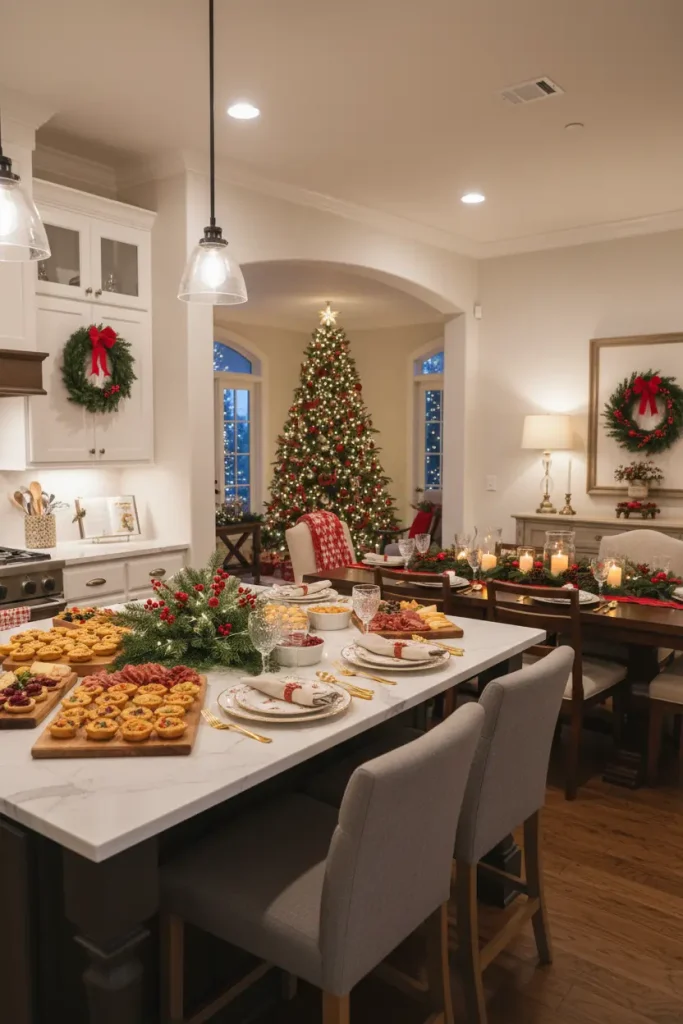 A wide-angle shot capturing a spacious open-concept kitchen and dining area, both fully decorated for a Christmas feast. The kitchen island is laden with appetizers and has a small evergreen centerpiece that complements the grand Christmas tree in the adjacent living space. The dining table is beautifully set with festive plates, gold cutlery, and a lush garland runner. This cohesive view shows how holiday decor can flow seamlessly from one space to another, creating a perfect environment for entertaining and family gatherings.