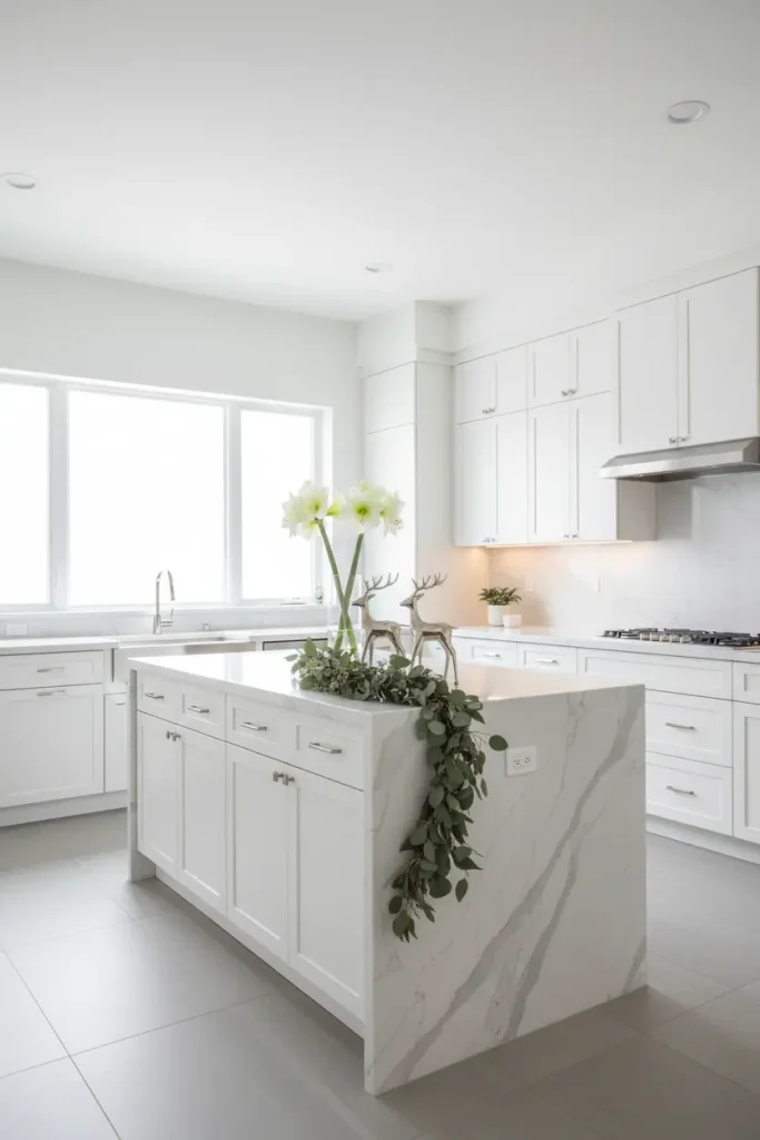 A sleek, modern kitchen with white cabinetry and marble countertops, presented in a crisp wide-angle view. The Christmas decor is minimalist and elegant. A single, graceful garland of eucalyptus and silver dollar branches drapes across the kitchen island's waterfall edge. On the counter, a trio of slim, silver-finished reindeer figurines stands next to a clear glass vase holding white amaryllis blooms. Subtle under-cabinet LED lighting casts a soft glow, highlighting the clean lines and sophisticated, understated holiday spirit. The scene is bright, airy, and effortlessly chic.