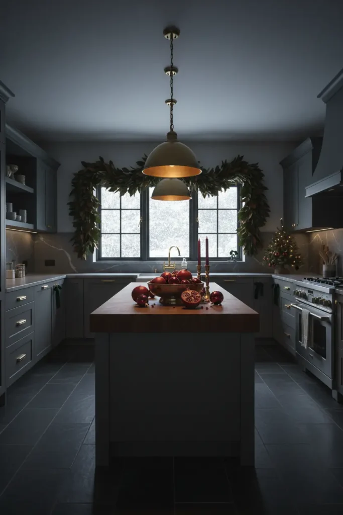 A dramatic and sophisticated kitchen with dark charcoal or navy cabinetry, captured in a moody wide-angle photograph. The lighting is focused and atmospheric, highlighting rich textures. The Christmas decor uses deep jewel tones like burgundy and forest green, accented with brass. A simple garland of dark green magnolia leaves with their brown velvety undersides is draped over a window. A brass bowl on the island is filled with pomegranates and dark red ornaments, creating a rich, elegant, and uniquely non-traditional holiday aesthetic.