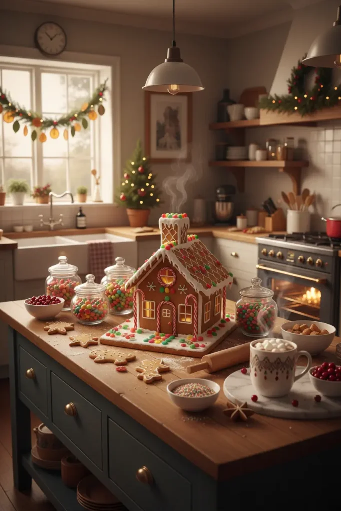 A charming, cozy kitchen filled with the magic of Christmas baking, shot with a wide-angle lens. The central island features a spectacular, freshly decorated gingerbread house, surrounded by jars of colorful candies and frosted cookies. A garland made of dried orange slices and cinnamon sticks hangs above the sink. Warm, buttery light from the oven and soft overhead fixtures creates an inviting glow. Steam gently rises from a mug of hot cocoa placed on the counter. The atmosphere is sweet, nostalgic, and smells of festive spices.