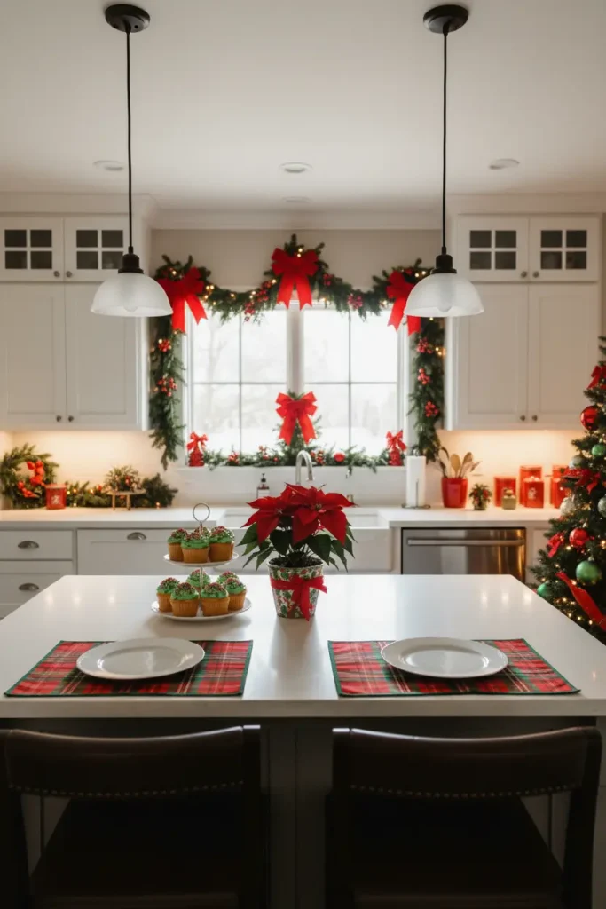A quintessential Christmas kitchen, bursting with traditional holiday colors in a vibrant wide-angle photograph. Lush green garlands with bright red bows are elegantly draped over white cabinets and window frames. The kitchen island features a classic red poinsettia centerpiece and tartan plaid placemats. A tiered stand is filled with festive cupcakes topped with green frosting and red sprinkles. In the background, a Christmas tree with classic ornaments is visible. The scene is cheerful, timeless, and perfectly captures the traditional spirit of the season.
