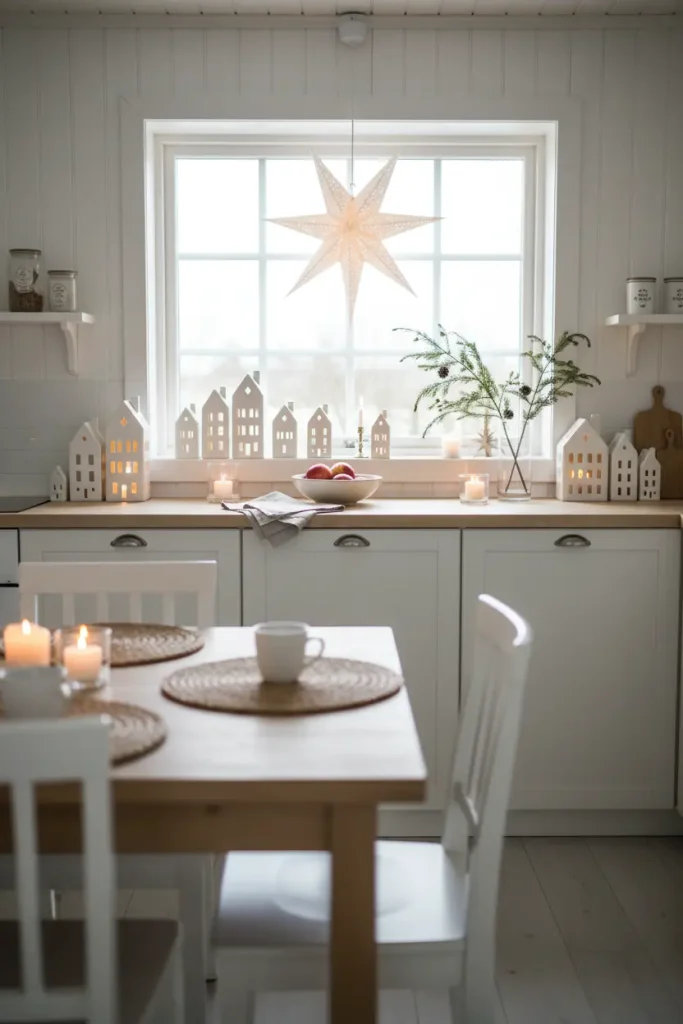 A bright and serene Scandinavian-style kitchen decorated for Christmas, captured in a wide-angle perspective. The decor emphasizes simplicity and natural textures. Light wood countertops are adorned with simple white ceramic houses, flickering candles, and a single branch of pine in a minimalist vase. A delicate star-shaped paper lantern hangs in the window. The color palette is neutral, with whites, creams, and natural wood tones, creating a peaceful and cozy "hygge" ambiance. The space feels calm, clean, and filled with a gentle, understated holiday warmth.