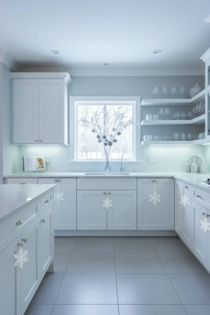 An elegant and frosty kitchen scene, showcased in a stunning wide-angle shot. The color scheme is a sophisticated blend of icy blue, silver, and crisp white. Silver-sprayed branches and frosted pinecones are arranged in a tall vase on the quartz countertop. The cabinet handles are adorned with delicate snowflake ornaments. A subtle blue uplighting under the cabinets enhances the cool, wintery feel. Glassware on open shelves shimmers, reflecting the soft light. The overall mood is glamorous, serene, and reminiscent of a sparkling winter morning.