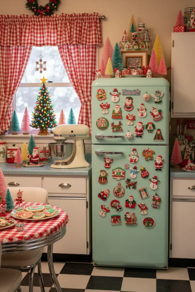 A nostalgic, 1950s-inspired kitchen decorated for Christmas, viewed through a wide-angle lens. A vintage-style mint green refrigerator is covered in charming Christmas magnets. Red and white checkered curtains frame the window, which has a ceramic Christmas tree glowing on its sill. On the formica countertop, a classic stand mixer is ready for holiday baking, next to a plate of retro-decorated sugar cookies. Bottle brush trees in various pastel colors are scattered throughout the space, creating a scene that is playful, colorful, and full of vintage charm.