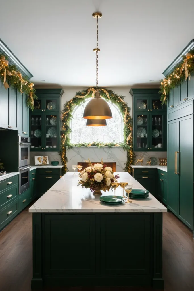 A luxurious and dramatic kitchen with dark emerald green cabinetry, captured in a sophisticated wide-angle photograph. The Christmas decorations feature opulent brushed gold and deep green accents. A lush garland of fresh cedar is woven with gold ribbon and warm, glowing lights along the top of the cabinets. The marble island hosts a stunning arrangement of white roses and gold-painted magnolia leaves. Gold-rimmed glassware and emerald green plates are artfully displayed on open shelves, creating an atmosphere of refined elegance and festive opulence.