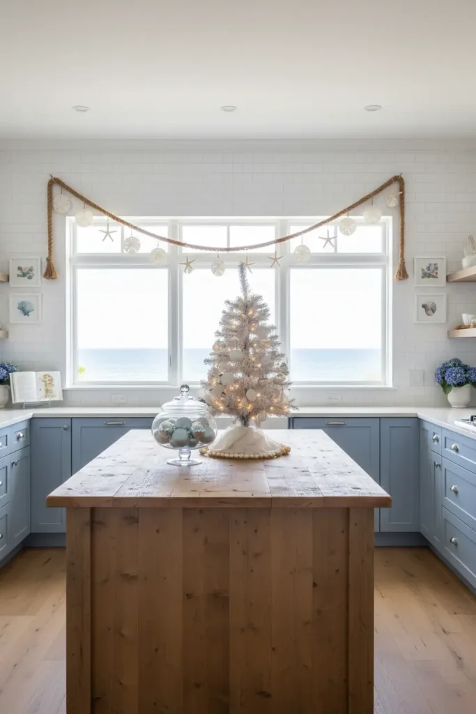 A light and airy coastal kitchen with a festive holiday twist, presented in a beautiful wide-angle format. The decor incorporates natural, beach-inspired elements. Instead of a traditional garland, a rope of thick jute is strung with starfish and sand dollar ornaments over the window. The color palette is soft blues, sandy beige, and white. A large glass bowl on the island is filled with silver and light blue ornaments. A small, frosted tabletop tree is decorated with seashell ornaments, creating a serene, breezy, and unique coastal Christmas vibe.