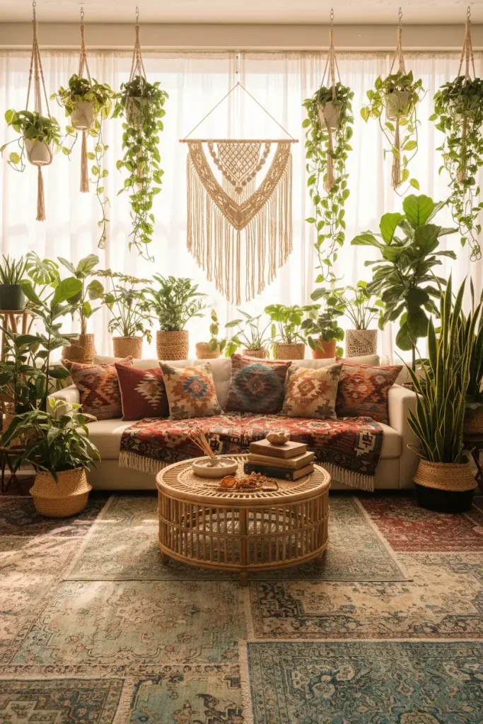 A wide-angle, sun-drenched shot of a bohemian living room. The space is filled with numerous hanging and potted plants, creating an indoor jungle feel. A low-profile sofa is draped in textiles with ethnic patterns and colorful throw pillows. A macrame wall hanging serves as a focal point above a rattan coffee table holding incense and vintage books. The floor is layered with mismatched Persian rugs. This prompt captures a free-spirited and cozy living room decor idea, emphasizing texture, plants, and global-inspired elements.