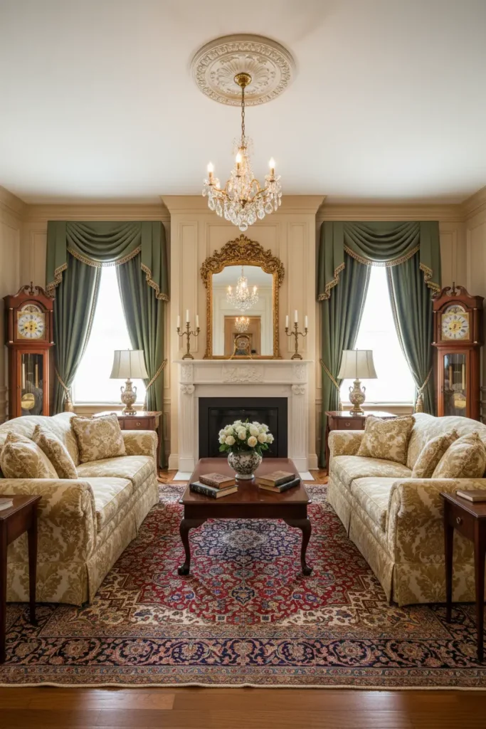 A wide-angle perspective of a traditionally elegant living room. The room is symmetrical, centered around a classic fireplace with an ornate mantel. Furniture includes rolled-arm sofas upholstered in rich damask fabric, a dark wood coffee table with carved legs, and a grandfather clock. Heavy, luxurious drapes in a deep burgundy or forest green frame the windows. An oriental rug lies at the center. This living room decor idea speaks to timeless sophistication, comfort, and classic design principles.