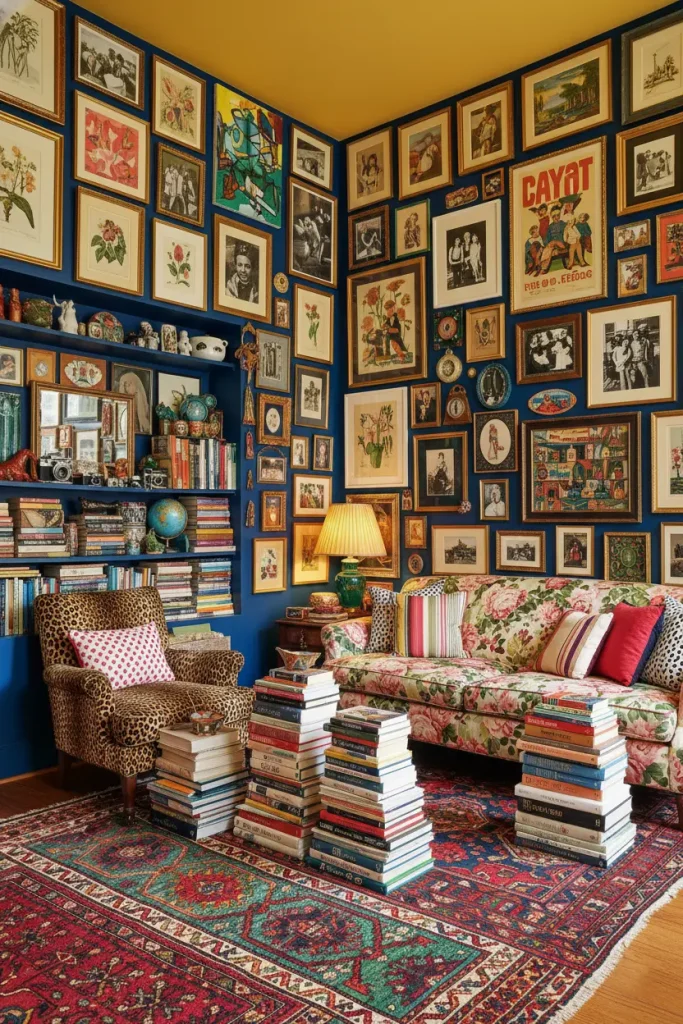 A vibrant, wide-angle shot of a maximalist living room. Every wall is covered in a dense, salon-style gallery of mismatched frames containing art, photos, and prints. The furniture clashes joyfully, with a leopard-print armchair next to a floral-patterned sofa. Books are stacked high, and shelves are filled with quirky collectibles and souvenirs. Bold, saturated colors are everywhere, from the walls to the multi-patterned rug. This living room decor idea is a celebration of personality, color, and curated clutter.