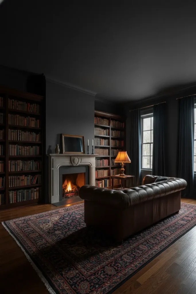 A wide-angle shot of a dark and moody living room, reminiscent of a classic library. The walls are painted a deep charcoal grey or navy blue. A built-in, floor-to-ceiling dark wood bookshelf is filled with books. A tufted leather sofa faces a fireplace, lit by the warm glow of a shaded table lamp. A dark, patterned rug and velvet curtains add to the cozy, enveloping atmosphere. This living room decor idea creates an intimate, sophisticated, and scholarly ambiance.
