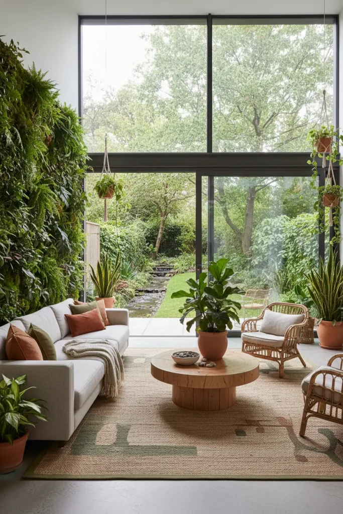 A wide-angle view of a living room embracing biophilic design. A large, floor-to-ceiling window or sliding glass door opens to a green space. Inside, a 'living wall' of plants is the main feature. Furniture is made from natural materials like light wood, rattan, and linen. The color palette is composed of greens, browns, and earthy terracottas. Natural light is paramount, creating a seamless connection between indoors and out. This living room decor idea promotes well-being by integrating nature.