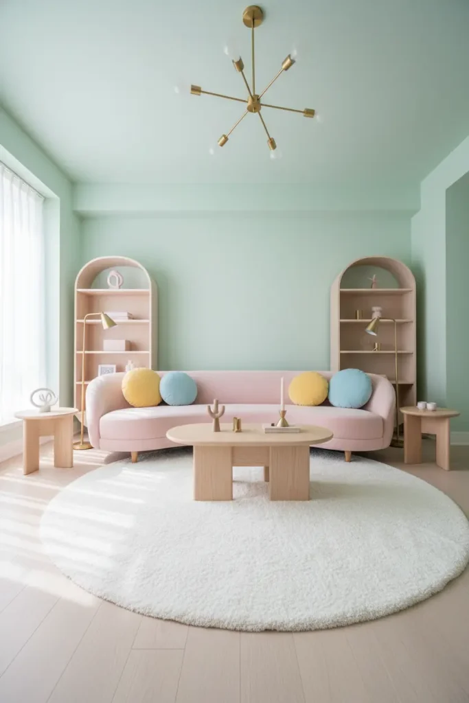 A fun, wide-angle shot of a living room decorated in pastel colors. The walls are a soft, pale mint green. The sofa is a gentle blush pink, accented with cushions in lemon yellow and baby blue. The furniture has soft, curved edges. A light wood floor and a fluffy white rug keep the space from being overwhelming. Gold or light brass accents in the light fixtures add a touch of sophistication. This living room decor idea is playful, light-hearted, and modern.