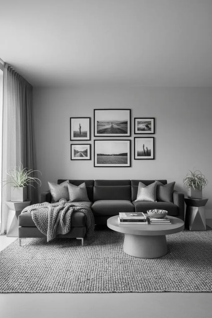 A sophisticated, wide-angle shot of a monochromatic living room using only shades of grey. The walls are a light grey, the sofa a deep charcoal, and the area rug a textured silver. Interest is created through a rich mix of textures: a velvet sofa, a cable-knit blanket, metallic side tables, and concrete planters. Black and white photography in simple black frames completes the look. This living room decor idea is modern, calming, and demonstrates the power of texture over color.