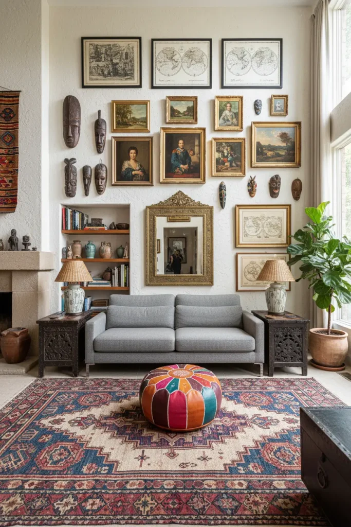 A wide-angle photograph of an eclectic living room. The space is a curated mix of styles, reflecting a love of travel. A modern sofa is paired with antique wooden chests from Asia used as side tables. A colorful Moroccan pouf sits on a Turkish rug. The walls display a mix of African masks, European oil paintings, and framed maps. This living room decor idea is deeply personal, telling a story through a diverse and harmonious collection of objects from around the world.