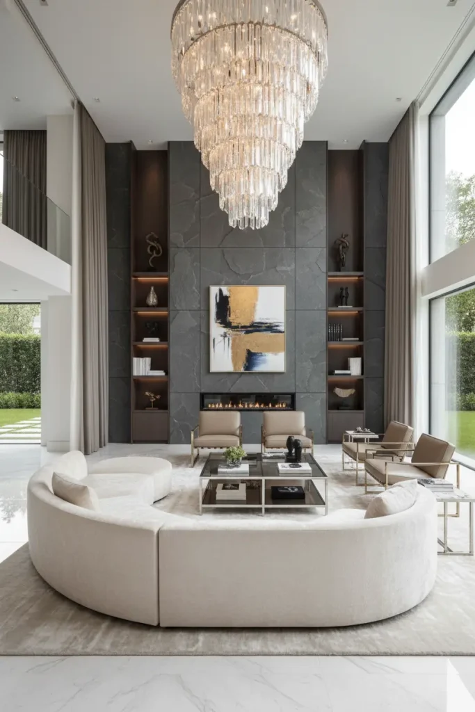 A wide-angle shot of a contemporary luxury living room. The room features a large, designer sectional sofa in a high-end neutral fabric. A dramatic, modern crystal chandelier hangs from a high ceiling. The floors are polished marble, partially covered by a plush, high-pile silk rug. A sleek, minimalist fireplace is built into a feature wall made of textured stone. The decor is minimal but expensive, focusing on high-quality materials and bespoke furniture. This living room decor idea screams opulence and modern sophistication.