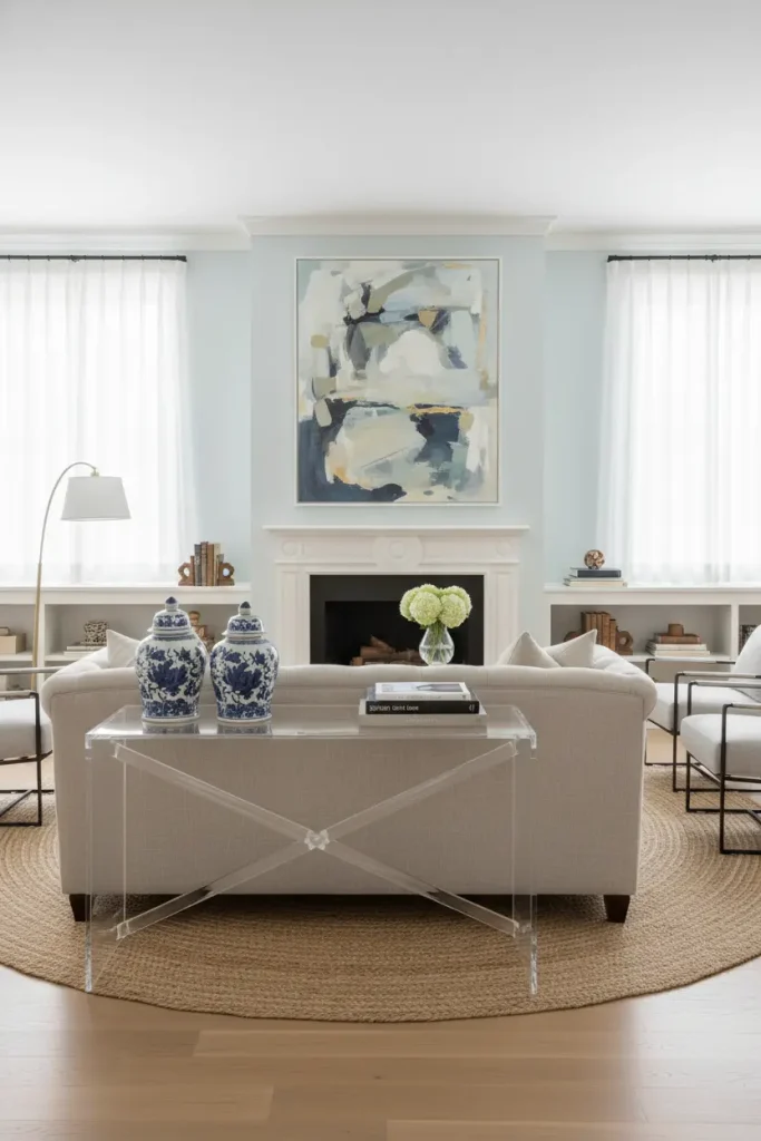 A wide-angle view of a "New Traditional" living room. This decor idea bridges the gap between classic and modern. A traditionally shaped sofa is upholstered in a contemporary, neutral linen rather than heavy damask. Classic blue and white ginger jars sit on a sleek, modern acrylic console table. An abstract painting hangs above a classic mantelpiece. The palette is light and fresh, updating traditional forms for today. This living room decor idea is about familiar comfort with a clean, updated twist.