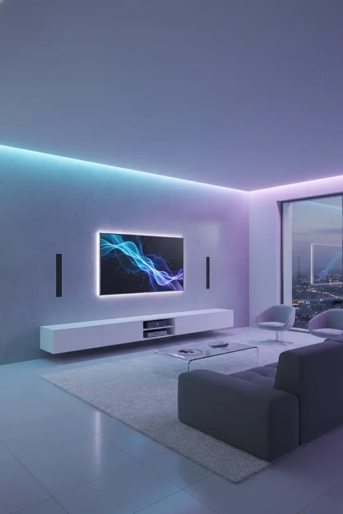 A wide-angle shot of a minimalist living room with fully integrated smart technology. The decor idea is clean and futuristic. A large, frame-like TV hangs on the wall, displaying digital art. LED strip lighting is hidden in coves, changing color with a voice command. Sleek, minimalist speakers are mounted seamlessly into the walls. A low-profile sofa faces a media unit where all wires and consoles are completely hidden. This living room decor idea is perfect for the tech-savvy individual, focusing on function and minimalism.