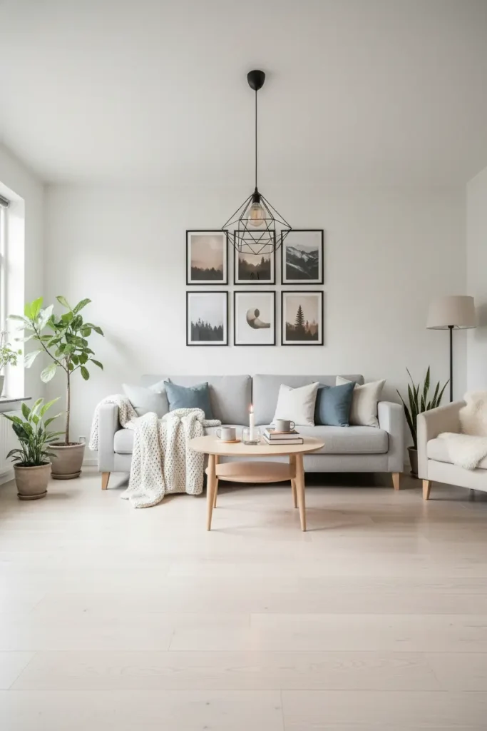 A wide-angle perspective of a Scandinavian-inspired living room. Light-toned wood floors are complemented by white walls and furniture in soft greys and blues. A cozy, light-grey fabric sofa features chunky knit blankets and simple cushions. A minimalist gallery wall with simple black frames and nature prints hangs above. The lighting is soft and ambient, centered around a simple geometric pendant light. This living room decor idea focuses on 'hygge'—emphasizing comfort, simplicity, and light.