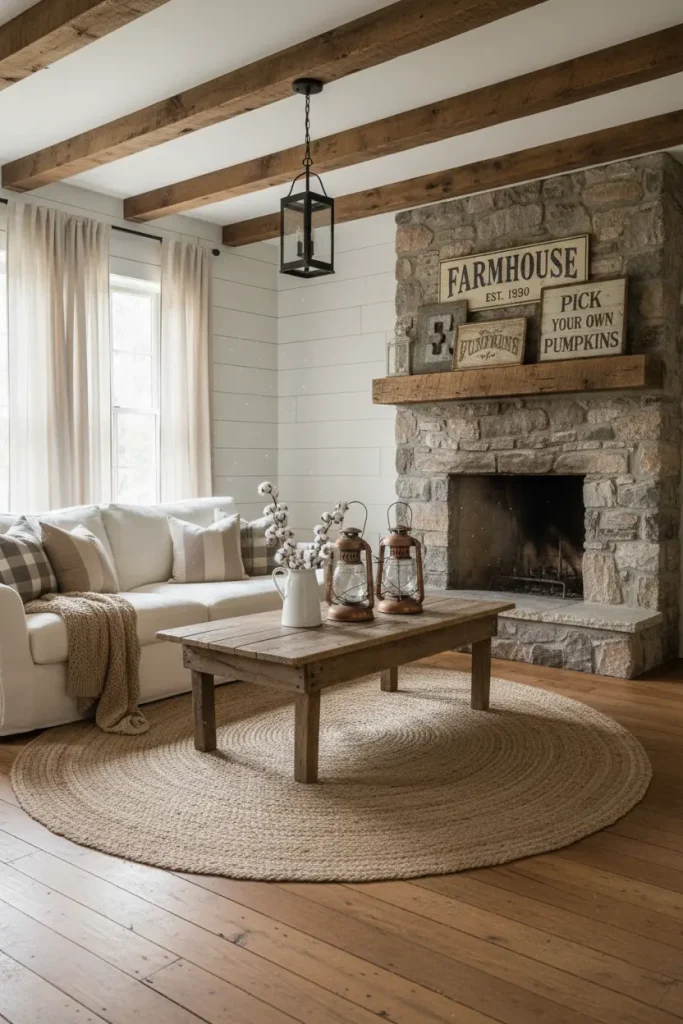 A wide-angle shot capturing a rustic farmhouse living room. A large, comfortable, overstuffed sofa in a light linen fabric faces a rugged stone fireplace. The ceiling features exposed dark wood beams, and one wall is covered in white shiplap. A distressed wooden coffee table sits on a simple jute rug. Decor includes vintage signs, cotton stems in a ceramic pitcher, and antique lanterns. This living room decor idea evokes a sensefs of warmth, history, and cozy country living.