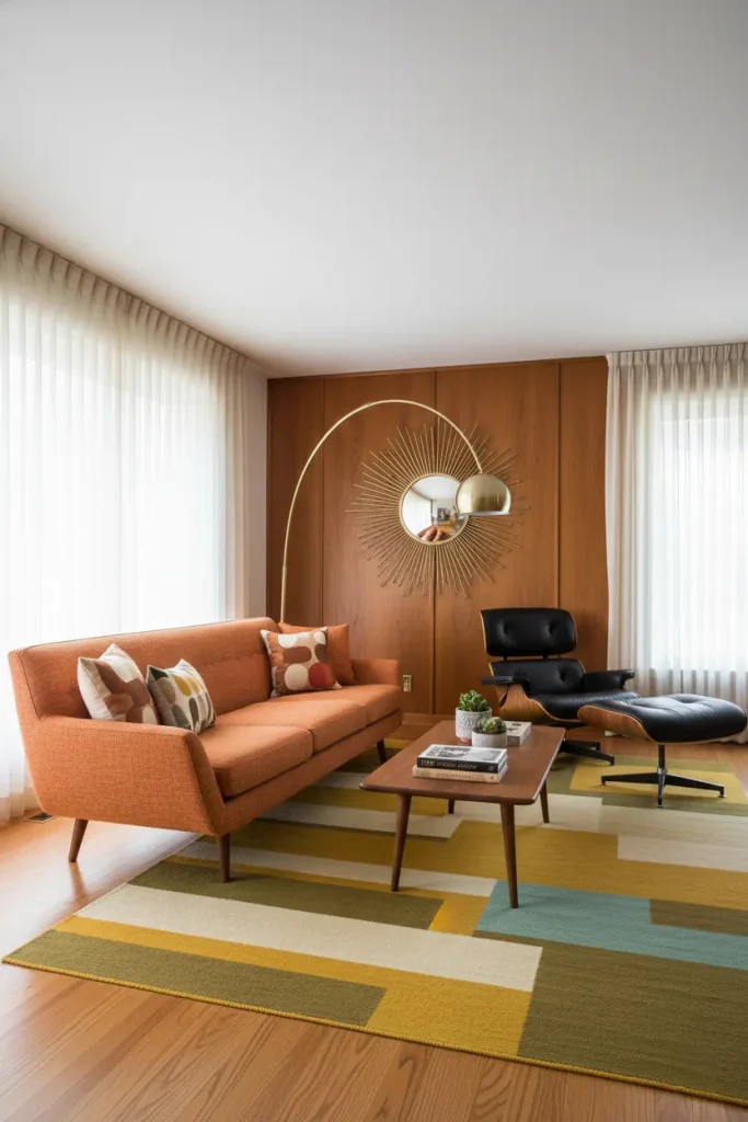 A wide-angle photograph of a living room with classic mid-century modern decor. The centerpiece is a sofa with tapered wooden legs and a low-profile, angular design in a burnt orange fabric. A sunburst mirror hangs on a teak-paneled accent wall. Geometric patterns are present in the area rug and cushions. A signature Eames-style lounge chair sits in the corner by a simple arc floor lamp. This living room decor idea is defined by its iconic furniture, organic shapes, and retro color palette.