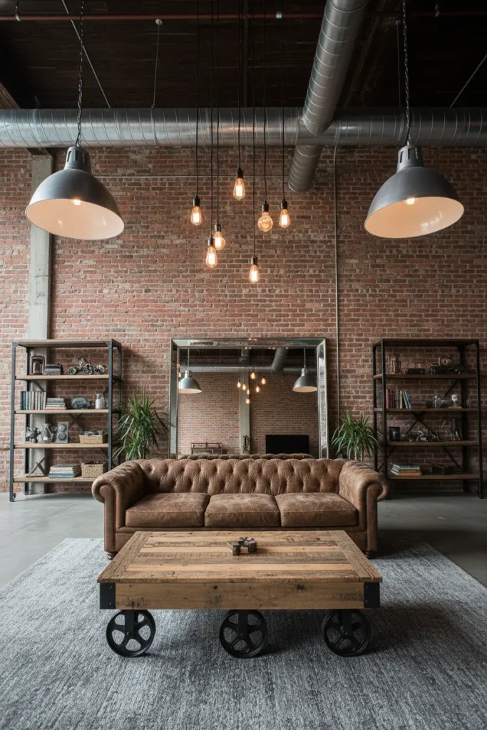 A wide-angle view of an industrial loft living room. The space boasts high ceilings, exposed brick walls, and visible metal ductwork. Furniture is robust, featuring a worn leather Chesterfield sofa and a coffee table made from reclaimed wood and cast iron wheels. Lighting comes from large, metal-domed pendant lights and Edison bulbs. A large, frameless mirror leans against one wall, enhancing the sense of space. This living room decor idea showcases a raw, edgy, and spacious aesthetic.