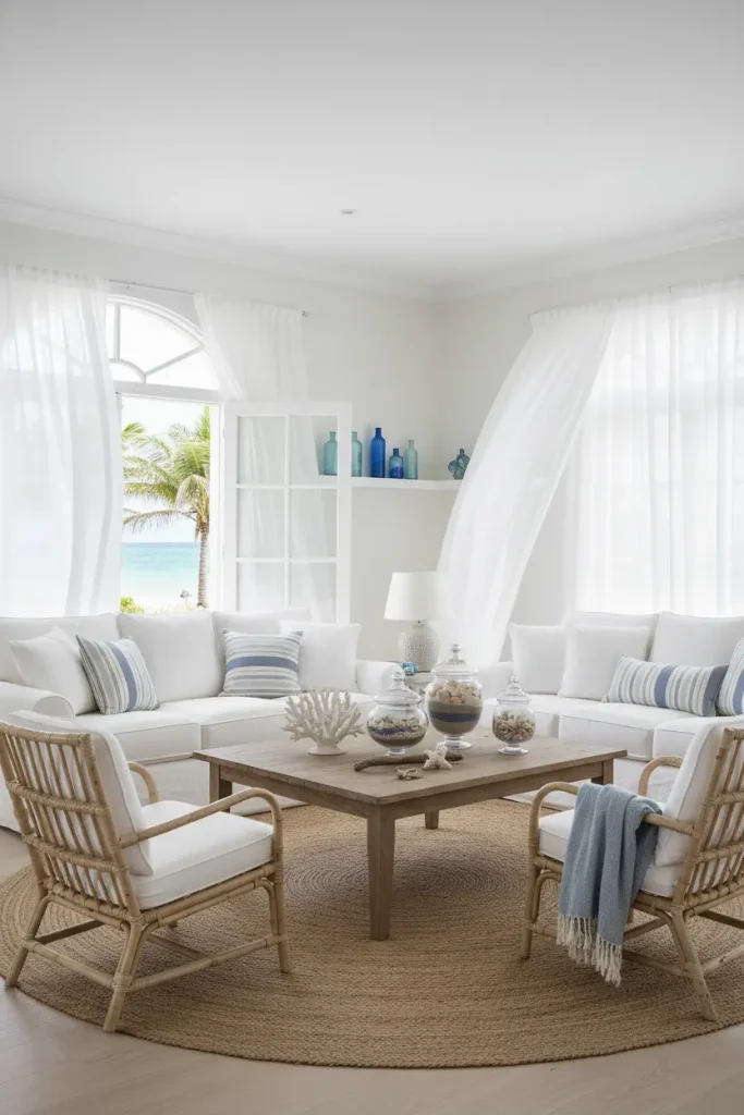 A bright, wide-angle shot of a coastal-themed living room. The room uses a color palette of white, sandy beige, and various shades of blue. The furniture is light and airy, with a white slipcovered sofa and wicker armchairs. Decor accents include coral sculptures, driftwood, and glass jars filled with sand and shells. Sheer white curtains billow gently from a large window overlooking a (suggested) ocean view. This living room decor idea is all about creating a relaxed, beach-inspired, and airy atmosphere.