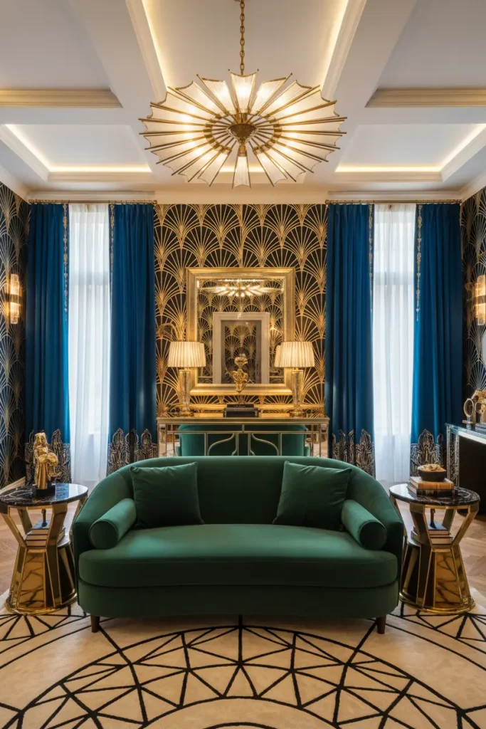 A wide-angle shot of a glamorous Art Deco living room. The room features a plush velvet sofa in a deep jewel tone, like emerald green or sapphire blue. Accents are in polished gold and brass, seen in the geometric-patterned side tables and a dramatic sunburst chandelier. The walls have bold, symmetrical wallpaper, and a mirrored console table adds to the opulence. This living room decor idea is luxurious, sophisticated, and defined by bold patterns and rich materials.