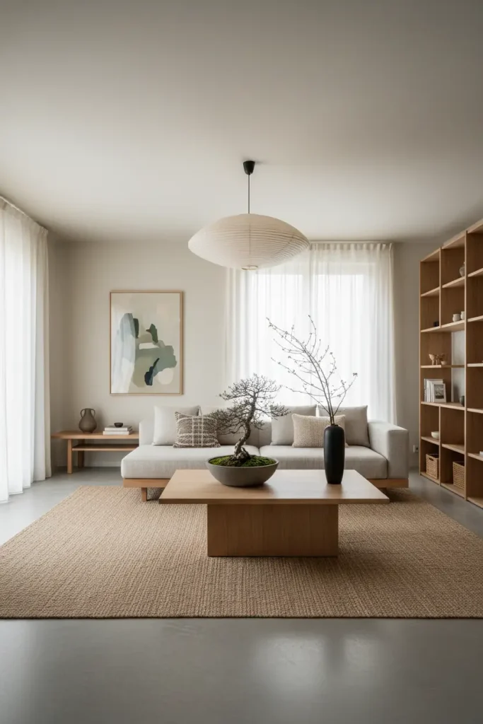 A serene, wide-angle view of a Japandi living room, blending Scandinavian function with Japanese minimalism. The space is uncluttered, using a palette of muted earth tones, light woods, and touches of black. Furniture is low-profile and functional, like a simple platform sofa and a minimalist wood coffee table. A single, beautifully crafted bonsai tree or a simple branch in a ceramic vase serves as decor. This living room decor idea emphasizes mindfulness, natural materials, and crafted simplicity.