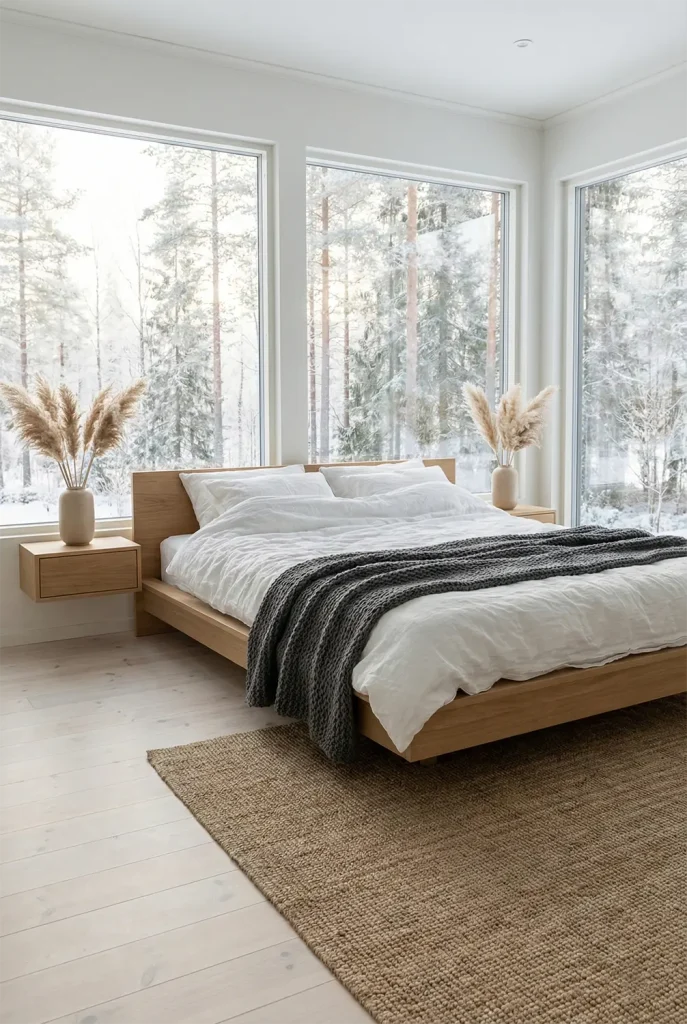 A hyper-realistic wide-angle shot of a serene Scandinavian bedroom bathed in soft, diffused morning sunlight. The focal point is a low-profile oak platform bed dressed in layers of textured white linen and a chunky charcoal gray knit throw. Minimalist floating nightstands hold ceramic vases with dried pampas grass. Expansive floor-to-ceiling windows reveal a blurry snowy forest outside. The flooring is pale whitewashed pine. The atmosphere is airy, calm, and organic.
