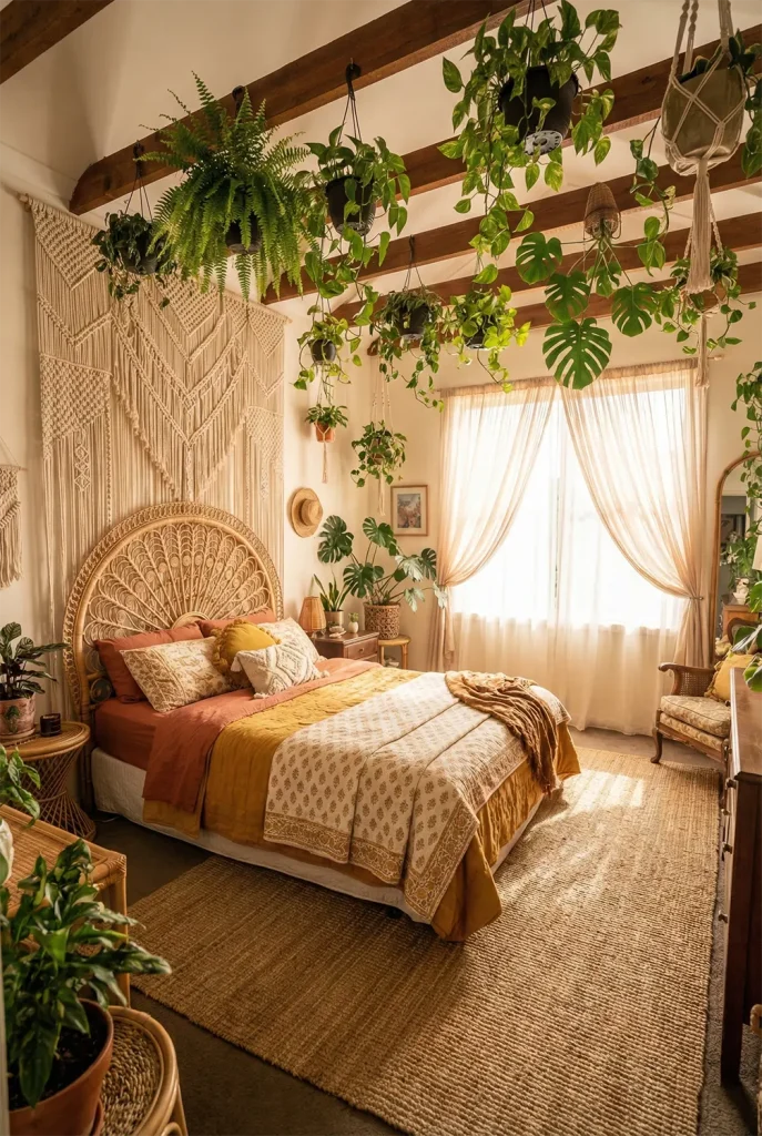 An immersive wide-angle view of an eclectic Bohemian bedroom overflowing with lush indoor plants hanging from wooden ceiling beams. A rattan peacock headboard anchors the bed, which is covered in terracotta and mustard yellow patterned textiles. A large intricate macramé tapestry covers the main wall. Sunlight streams through sheer voile curtains, creating a hazy, dreamlike atmosphere. A woven jute rug covers the floor.