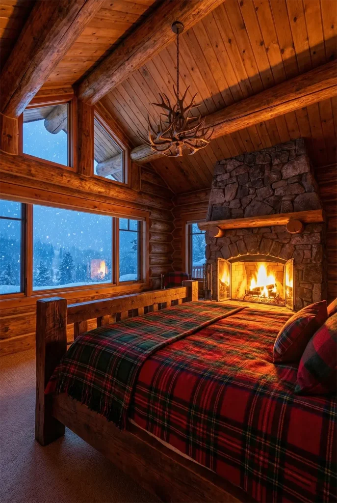 A warm, wide-angle interior shot of a rustic log cabin bedroom during a snowstorm. Massive timber logs form the walls and ceiling. A stone fireplace crackles with fire at the foot of a sturdy wooden bed piled high with plaid wool blankets. A deer antler chandelier hangs above. Through the window, blue twilight and falling snow are visible. The lighting is dominated by the warm orange glow of the fire.