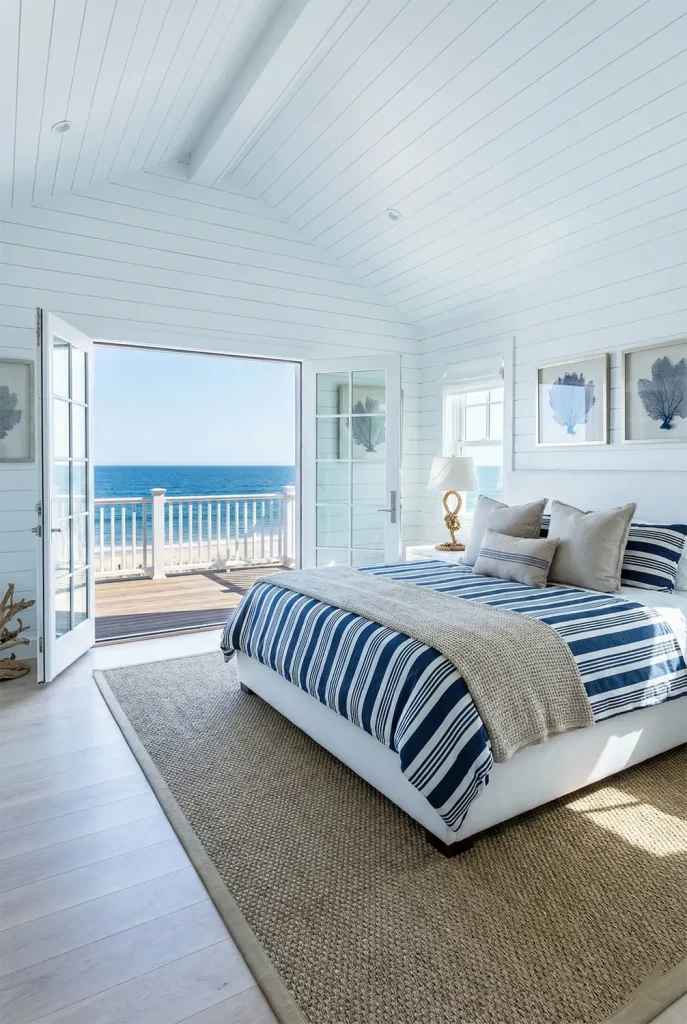 A crisp wide-angle photograph of a "Hamptons style" coastal bedroom. The walls are clad in white shiplap paneling. A plush bed features a mix of navy blue and white striped bedding with linen pillows. A large woven seagrass rug sits on bleached oak floors. Double French doors open to a balcony with an ocean view. The room is flooded with bright, cool daylight.