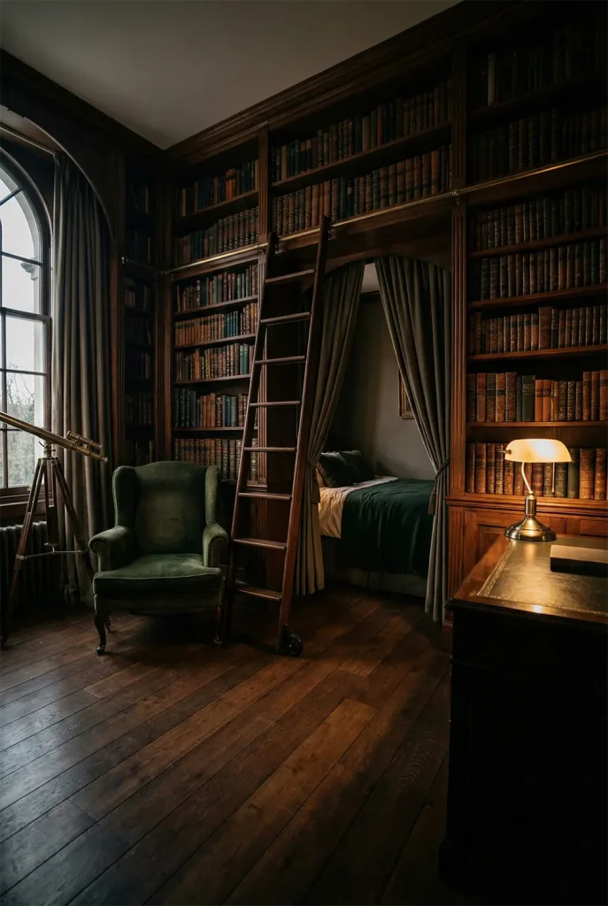 A moody wide-angle shot of a bedroom that doubles as a library, in the Dark Academia aesthetic. Floor-to-ceiling bookshelves filled with old leather-bound books line the walls. A vintage velvet armchair sits next to a rolling library ladder. The bed is tucked into an alcove with dark green bedding. A brass telescope stands by the window. The lighting is dim and atmospheric, coming from a vintage bankers lamp.