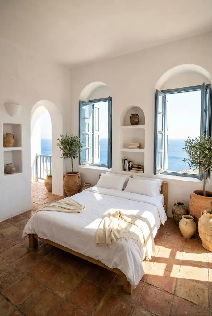 A sun-drenched wide-angle view of a Mediterranean bedroom in Greece. The walls are white plaster with curved archways and built-in shelving. The floor is made of rustic terracotta tiles. A simple wooden bed is dressed in pure white cotton. Blue shutters on the windows are thrown open to reveal a sea view. Potted olive trees and ceramic urns decorate the corners.