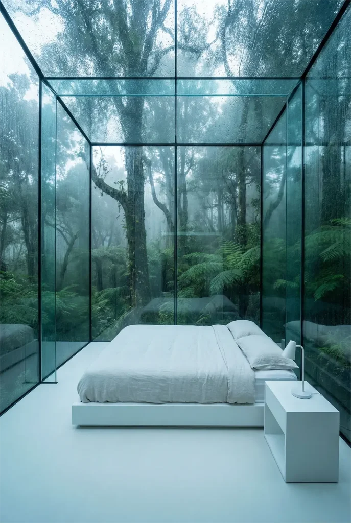 An ethereal wide-angle shot of a bedroom inside a modern glass house located deep in a fern forest. The walls are entirely transparent glass, blurring the line between inside and outside. The furniture is minimalist and white to not distract from the nature views. Raindrops streak the glass, creating a cozy, sheltered feeling. The lighting is soft and overcast.