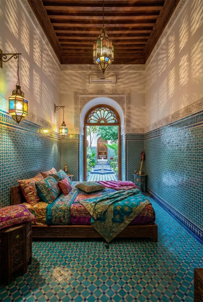 A colorful wide-angle capture of a Moroccan Riad bedroom. The floor and lower walls are covered in intricate Zellige tile work in turquoise and cobalt blue. A low bed is piled with embroidered cushions and silk throws. Brass lanterns with colored glass hang from the ceiling, casting complex patterned shadows on the walls. An arched doorway leads to a courtyard.